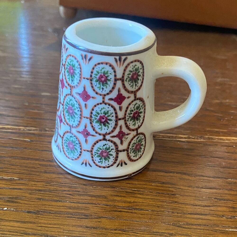 Enesco White Ceramic Mini Mug with Pink Flowers, Green Leaves and Brown Trim